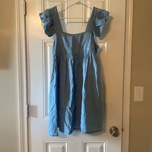 Maternity Pink Blush Miou Muse Denim Ruffle Sleeve Dress- new with tags